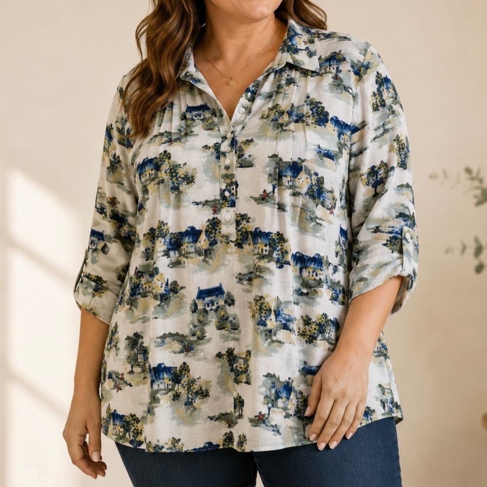 Kim Rogers Cottage Landscape Print Textured Blouse XXL 3/4 Sleeve Relaxed Top